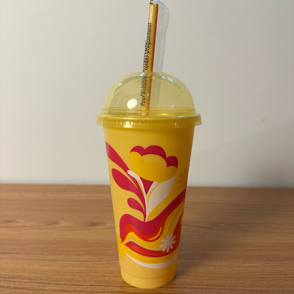 Starbucks Yellow Floral Reusable Cold Cup with Pink and White Accents